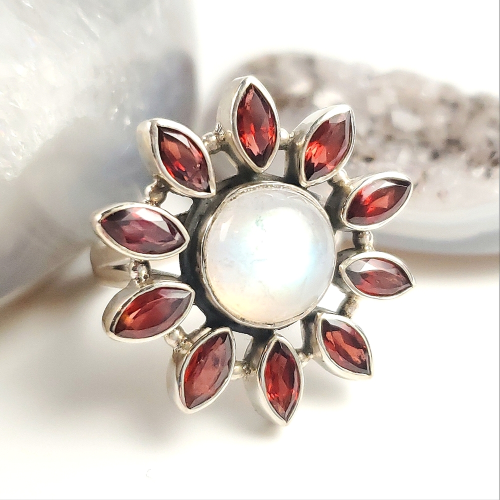 Sterling Silver Rainbow Moonstone and Garnet Flower Sunburt Ring Size 9